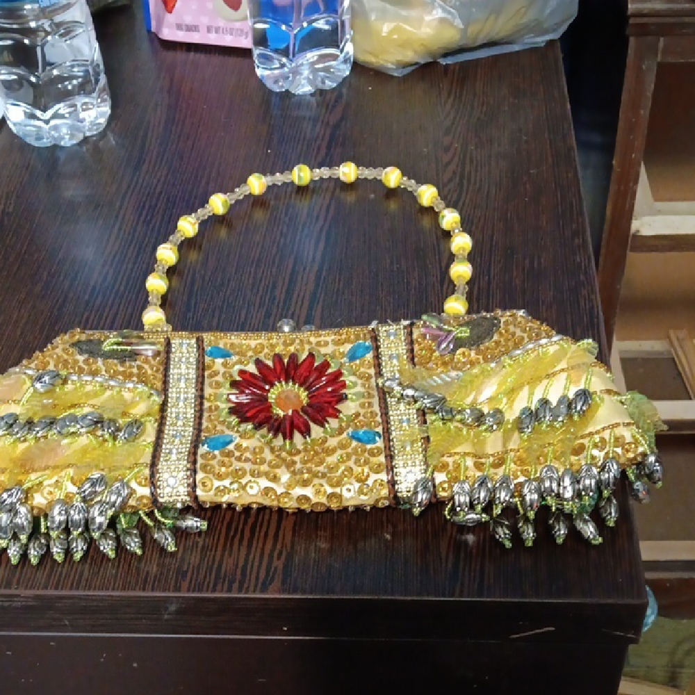 Yellow and Red Clutch with Ornate Fringe and Beaded Handle